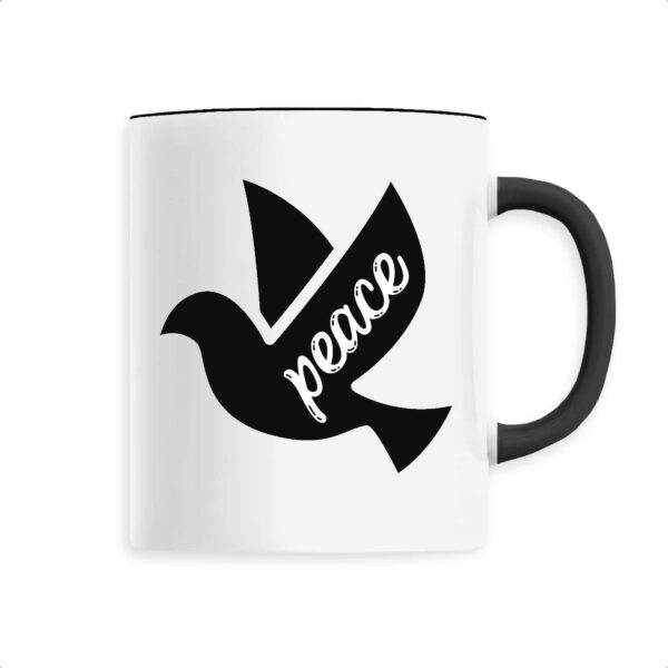 Mug avec dessin minimaliste d'une colombe et le mot 'paix' en Anglais